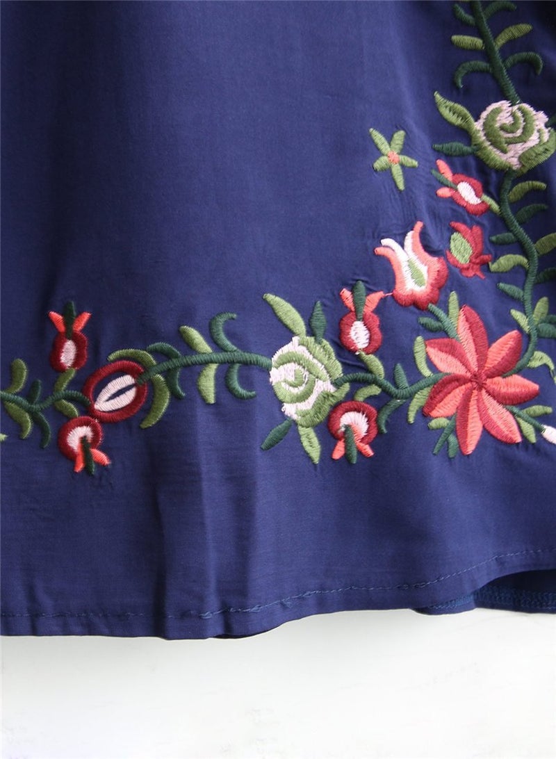 Kafeimali Women's Summer Mini Dress Bohemian Embroidery Tunic Shift Blouse (Navy Blue) - Image 4